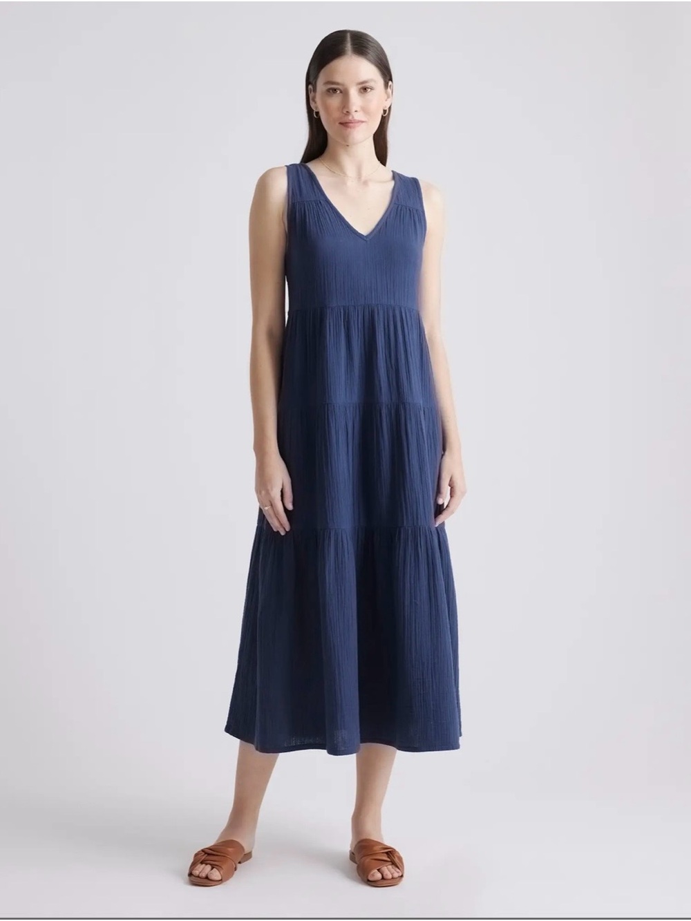 Quince Navy V-Neck Tiered Midi Dress